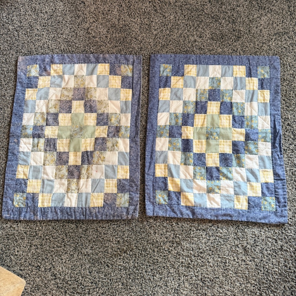 Vintage pillow shams Quilted Set of 2 Blue Yellow Floral Patchwork Cottagecore